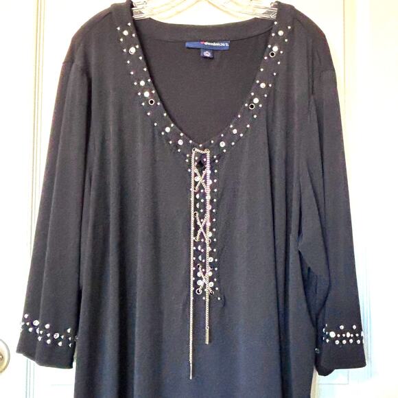 Denim 24/7 Wms 3X Black Embellished Scoop Neck Tunic Top Studded Lace Up Chain - Picture 4 of 10